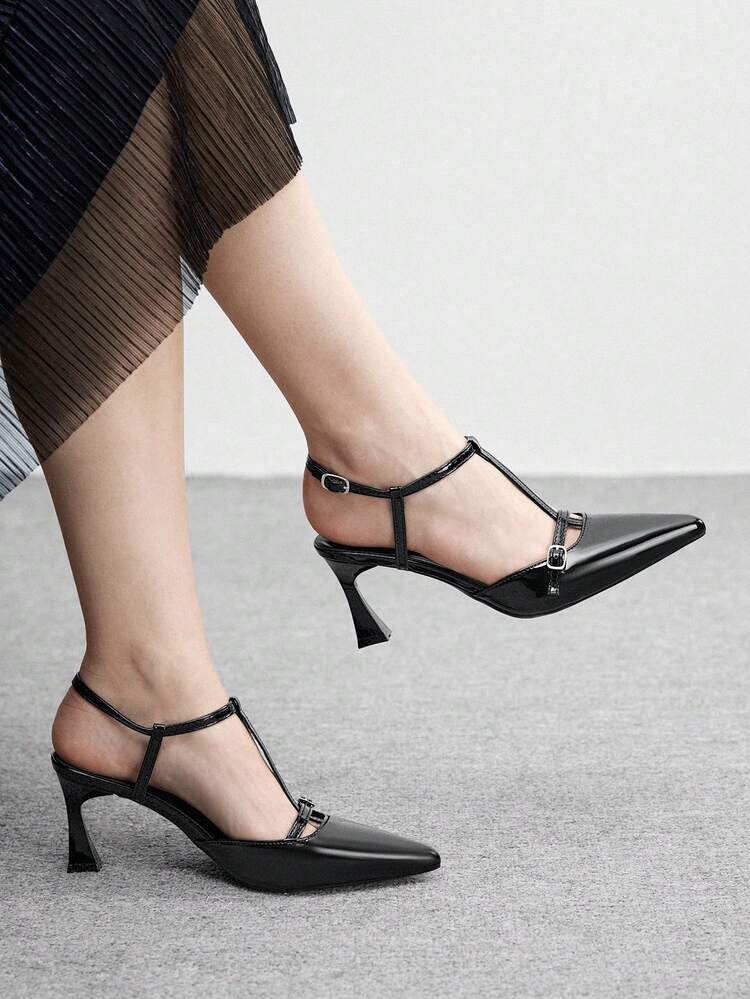 CUCCOO BIZCHIC Women's Pointed Toe Stiletto Heel Black Ankle Strap Minimalist Classic High Heel Pumps, Versatile For Daily, Commute, Party, Formal Occasions Valentine's Day