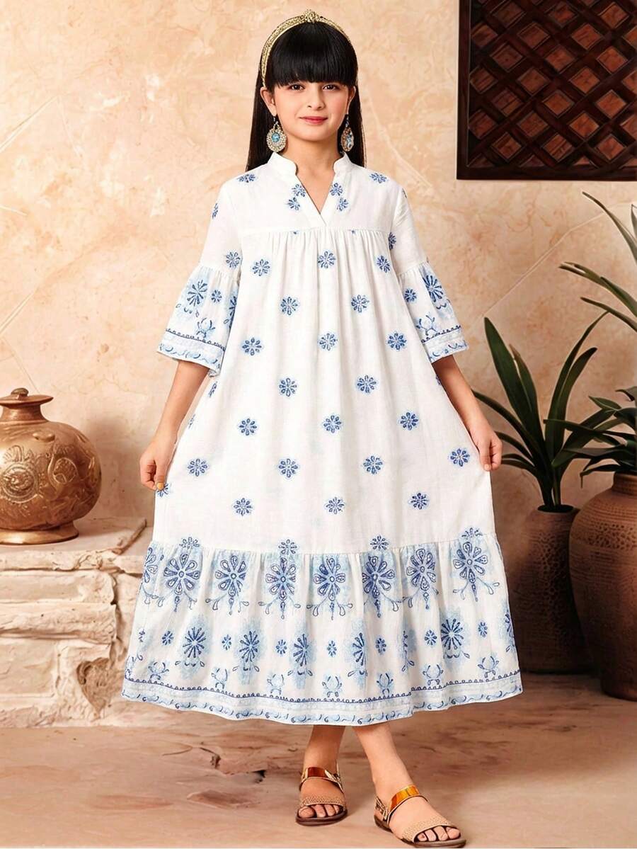 少女休闲度假复古碎花图案短袖中长连衣裙 - 白色 - 查看 1