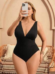 Swim Chiccia Áo tắm liền thân cỡ lớn, kiểu dáng giản dị, tối giản, chất liệu vải có họa tiết, dây đeo điều chỉnh được, thích hợp cho kỳ nghỉ hè trên bãi biển. - màu đen - Xem 6