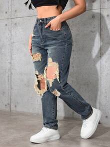 SHEIN ICON Jeans de talle alto lavados y desgastados de talla grande - Neblina azul - Ver 5