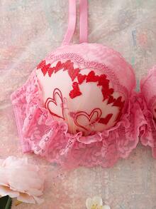 情人节爱心刺绣花卉钢圈3/4罩杯提拉聚拢丰胸舒适半罩杯可爱清新浪漫露背蝴蝶结可爱娃娃衫女士文胸