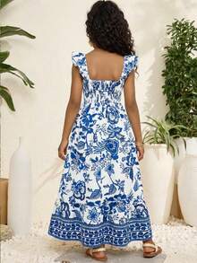 Travachic KIDS 少女碎花方领短袖度假连衣裙 - 藍色 - 查看 2