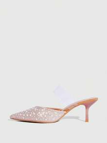 CUCCOO SZL Women's Sexy Pearl Rhinestone Shiny Pointed Toe High Heel Pumps, Fashion Transparent Strap Slip-On Comfortable Outdoor Party Event Dress Shoes Spring Shoes - Apricot - View 9