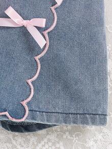 Playful Pals 两件套女婴粉色V领无袖蝴蝶结刺绣背心上衣+松紧腰蝴蝶结装饰浅蓝色短裤，休闲可爱套装，适合夏季外出或度假 - 粉色 - 查看 7