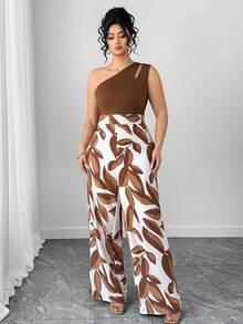 Elenzga Plus Size Women Oblique Shoulder Patchwork Print Straight Jumpsuit - Multicolor - View 4