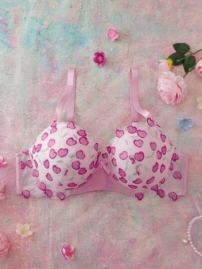 FloralLove 情人节樱桃、爱心、浪漫、清新、甜美刺绣花卉蝴蝶结半罩杯钢圈舒适半罩杯文胸，可爱浪漫大码娃娃衫文胸和无钢圈文胸