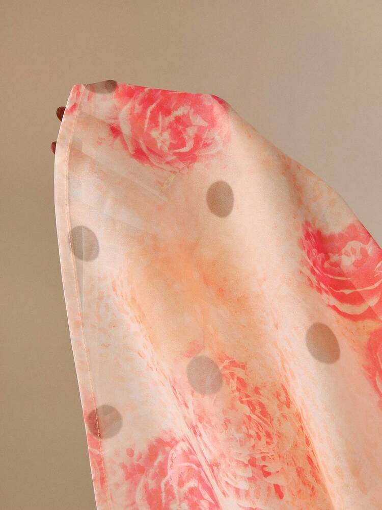 Blusa de mujer con estampado floral de lunares y volantes, manga farol y cuello de lazo