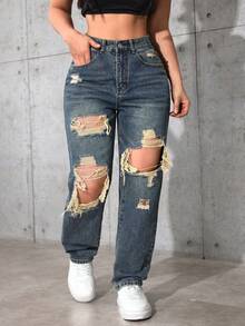 SHEIN ICON Jeans de talle alto lavados y desgastados de talla grande - Neblina azul - Ver 3