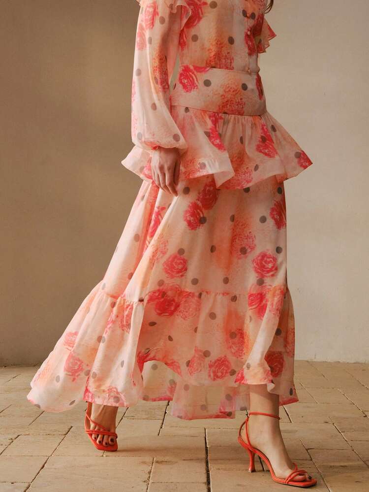 WOMEN'S FLORAL PRINT RUFFLE HEM A-LINE SKIRT