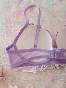 FloralLove Valentine's Day Heart Embroidery Floral Underwire 3/4 Cup Uplift Push Up Cleavage Enhancing Comfy Balconette Cute Fresh Romantic Backless Bow Cute Babydoll Women's Bra