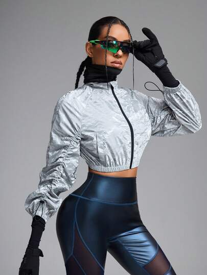 Innovista Fashionable Metallic With Silver Glossy Stand Collar Women's Outdoor Jacket ,Mountaineering And Sports, Windbreaker,Jacket,Hiking Clothe,Light Jacket,Women Jackets,Short Jacket,Zip Up Jacket,Y2K,Winter Women Jacket,Fall Winter Women Outfit