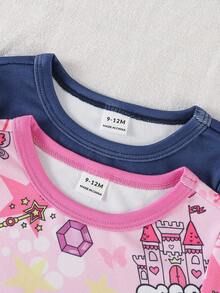 4pcs/2sets Princess Castle Cute Graphic Crew Neck Long Sleeve Top And Pants Soft Stretchy Knit Pajama Set, Best Gift For Baby Girls - Multicolor - View 6