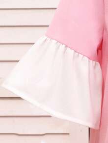 SHEIN Tween Girls Pink Dress,Cute Summer Tea Party Pink And White Striped Colorblock Ruffle Hem Fitted Flare Sleeve Woven Fabric Back To School Everyday - Baby Pink - View 14