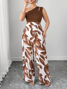 Elenzga Plus Size Women Oblique Shoulder Patchwork Print Straight Jumpsuit - Multicolor - View 3