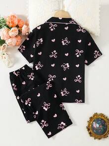 女童粉色蝴蝶结、樱桃、爱心印花短袖上衣和裤子套装，休闲舒适睡衣 - 彩色 - 查看 2