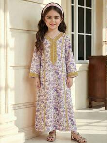 SHEIN Young Girl White Summer Traditional Arabian Dress Floral Print Long Sleeve Jalabiya For Wedding Al-Adha,Matching Mom & Daughter Kaftan Prayer Robe - Mauve Purple - View 5