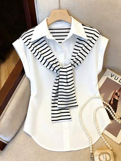 Everyssa 黑白条纹拼接休闲短袖女式衬衫