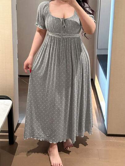 Dazy Plus Elegant Ditsy Floral Scoop Neck Tie-Up Contrast Lace Cinched Waist Long Nightgown With Short Sleeves