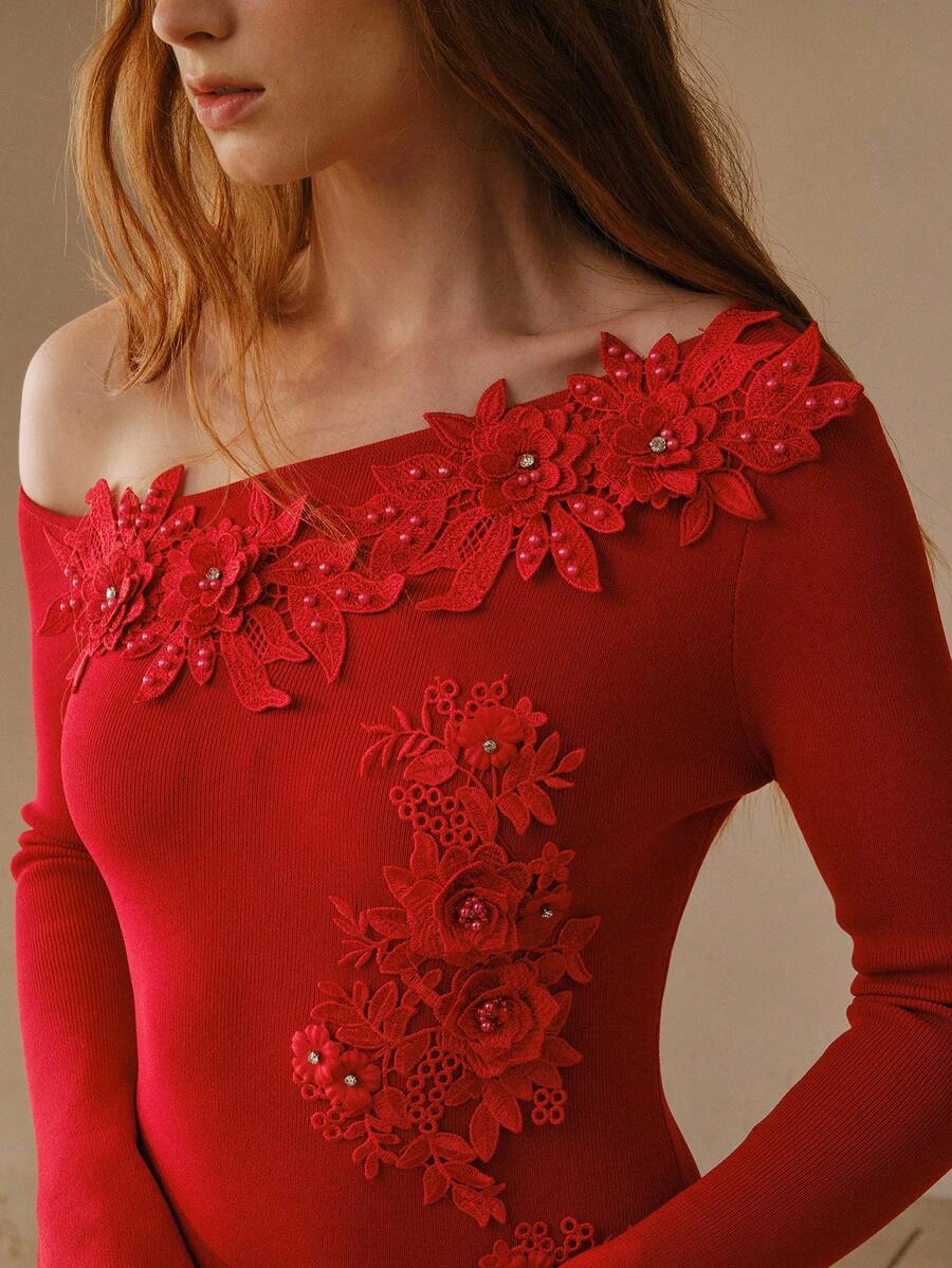 MOTF PREMIUM APPLIQUE ASYMMETRIC SHOULDER FLARE SLEEVE SWEATER DRESS - Red - View 1