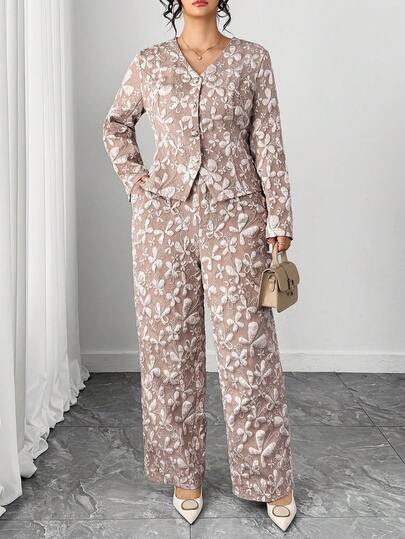 Elenzga 2pcs Plus Size Textured Long Sleeve Top And Pants Set