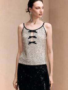 Revavyn Áo đầm nhung bạc lấp lánh đính sequin, hở lưng, dáng ôm, thiết kế nơ sequin khoét sâu ở ngực, thanh lịch cho buổi hẹn hò, áo cổ yếm sang trọng cho đám cưới, tiệc tùng mùa đông, áo kiểu dự tiệc cho nữ, kỳ nghỉ, ngày Valentine. - Bạc - Xem 7