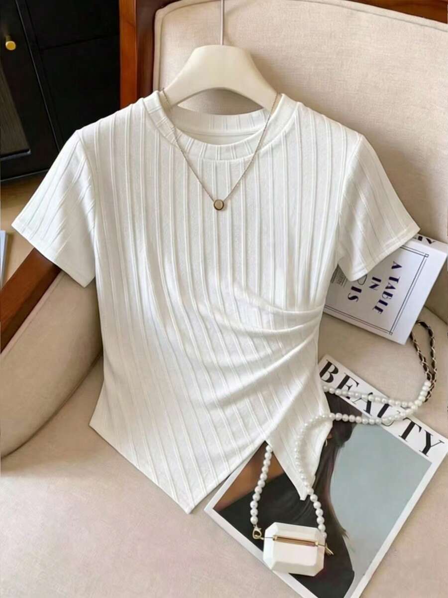 Everyssa Áo thun nữ tay ngắn, màu trơn, xếp ly, vạt áo bất đối xứng, kiểu dáng thường ngày, thích hợp cho mùa hè. - trắng - Xem 1