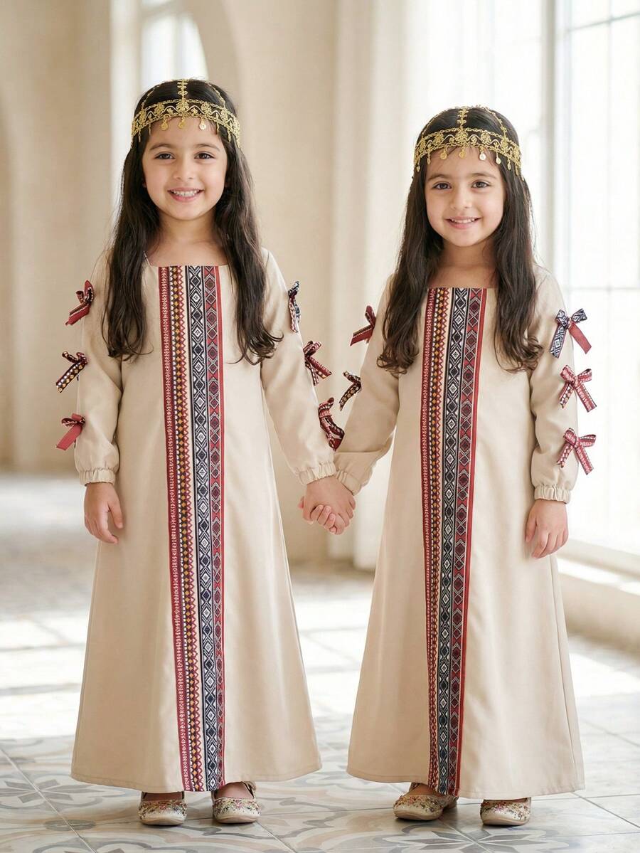 SHEIN 少女方領米色長袖洋裝,巴基斯坦少女長袍阿拉伯阿巴雅,傳統婚禮秋季白色亮片保守版長裙休閒服 - 杏色 - 查看 1