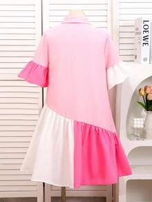 SHEIN Tween Girls Pink Dress,Cute Summer Tea Party Pink And White Striped Colorblock Ruffle Hem Fitted Flare Sleeve Woven Fabric Back To School Everyday - Baby Pink - View 11