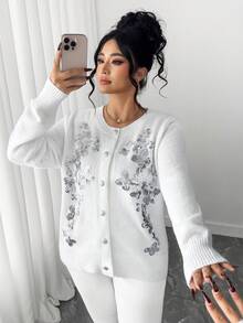 Elenzga Áo khoác cardigan tay dài dáng rộng, đính sequin, cài cúc phía trước, thích hợp cho mùa xuân. - trắng - Xem 3