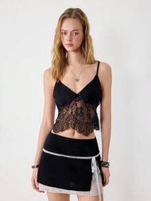 Ardnt Sexy V-Neck Contrast Lace Vest, Elegant & Fashionable Design, Early Spring - Black - View 1