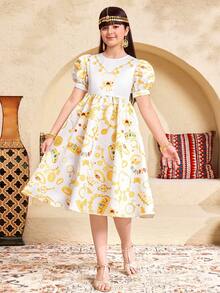SHEIN Tween Mädchen-Kleid im eleganten, glamourösen und niedlichen Stil in Gold & Weiß mit Grafik-Motiv, Kurzarm, Schwester-Partnerlook - Gold - Übersicht 4