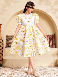 SHEIN Tween Mädchen-Kleid im eleganten, glamourösen und niedlichen Stil in Gold & Weiß mit Grafik-Motiv, Kurzarm, Schwester-Partnerlook - Gold - Übersicht 6