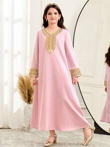 SHEIN Bộ đồ 2 món cho bé gái tuổi teen: áo khoác cardigan phối lưới tương phản với ruy băng vàng và váy cổ chữ V. - Màu Hồng baby - Xem 5