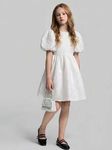 Maija Kids Maija Kids 少女宽松舒适派对泡泡短袖蝴蝶结装饰露背纹理A字休闲纯色连衣裙 - 白色 - 查看 11