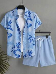 VENTUSAIL Floral Print Button-Front Shirt And Solid Color Slant Pocket Shorts Set Men Beach Outfit Set Men 2 Pieces Set Vacation, Holiday - Multicolor - View 2