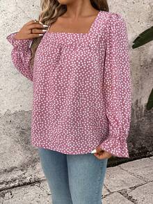 Breezaya Plus Size Women's Elegant Fashion Commuter Versatile Long Sleeve Square Collar Blouse Top, Spring/Summer - Pink - View 6