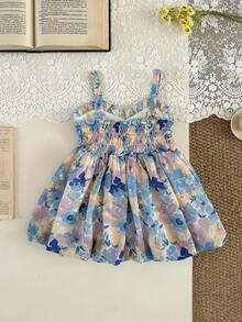 SHEIN Newly Launched Baby Girl's Dress With Flower Digital Print, Suspenders, A Cinched Waist And An Umbrella-Shaped Skirt! It's Comfortable, Fashionable, Outing, Elegant, Sweet, Lovely And In Princess Style, A Must-Have For Daily Wear And . - Blue - View 7
