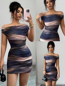 Elenzga 早春/夏季休闲扎染印花网纱不对称荷叶边优雅短裙，时尚棕色女士连衣裙，适合日常穿着和聚会 - 棕色 - 查看 1