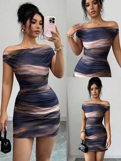 Elenzga Tidig vår/sommar Casual Tie-Dye Print Mesh Asymmetrisk Volang Elegant Kort Klänning, Snygg Brun Damklänning För Vardagsbruk Och Samlingar