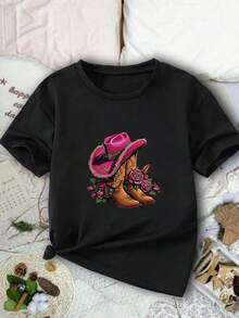 SHEIN 年轻女孩复古靴子和帽子和花朵印花休闲 T 恤