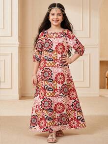 SHEIN Tween Girls All Over Print Flounce Sleeve Flared Hem Long Vacation Dress - Black - View 3