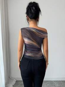 Elenzga 25-30+ Spring & Summer Everyday Tie Dye Print Ruched Shoulder Long Sleeve Blouse, Suitable For Dates, Gatherings, Daily Wear, Ruched Design Accent, Elegant Styling, Fashionable Ruched Graceful Women Top - Brown - View 2