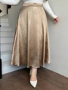Dazy Plus Elegant Textured Fabric A-Line Skirt With Belt Decor, Plus Size For Party Wear - Khaki - View 7