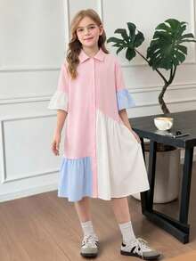 SHEIN 少女休闲纯色梭织面料撞色荷叶边下摆修身喇叭袖连衣裙，适合返校和日常穿着 - 淺藍色 - 查看 3