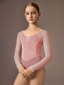 SHEIN Áo liền quần múa ba lê màu hồng dưa hấu cho bé gái tuổi teen, chất liệu nhung mềm mại, co giãn với các mảng lưới mịn. - Màu Hồng  Dưa hấu - Xem 3