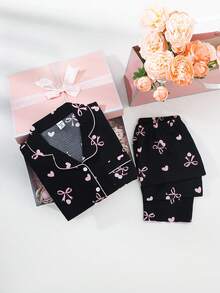 女童粉色蝴蝶结、樱桃、爱心印花短袖上衣和裤子套装，休闲舒适睡衣 - 彩色 - 查看 5
