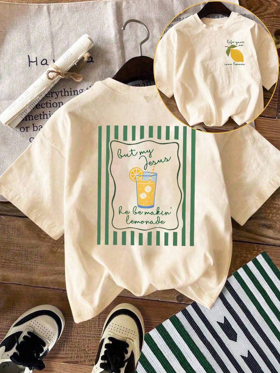 INAWLY Women's Lemon Pattern T-Shirt - Casual Short Sleeve Top With "Lemon And Drink" Print, Round Neck, Spring/Summer Fashion Women's T-Shirt, Round Neck T-Shirt - Apricot - View 1