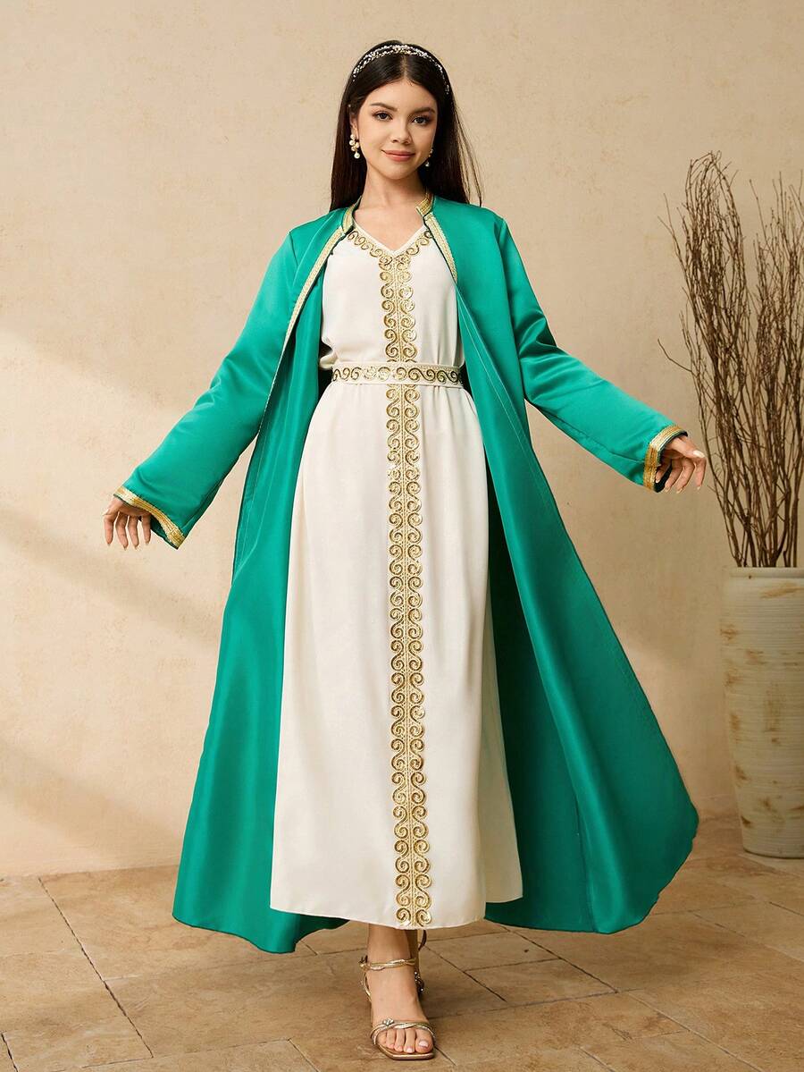 Elegant Sequin Lace Ribbon V-Neck Belted Dress & Long Cardigan Set, Modest Style For Teen Girls