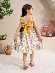 Elladie kids 女童休闲中长连衣裙，后背可爱蝴蝶结设计，黄色碎花连衣裙，女童碎花连衣裙，碎花荷叶边连衣裙，黄色蝴蝶结连衣裙，女童蝴蝶结连衣裙，印花连衣裙，荷叶边吊带连衣裙，夏季连衣裙，女童碎花连衣裙，女童夏季连衣裙，碎花连衣裙，黄色碎花连衣裙，女童可爱连衣裙 - 黃色 - 查看 4