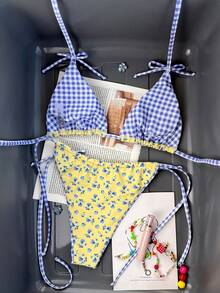 Swim Mod 两件套女士性感比基尼泳衣，黄色碎花吊带上衣+蓝色格子蝴蝶结泳裤 - 彩色 - 查看 2